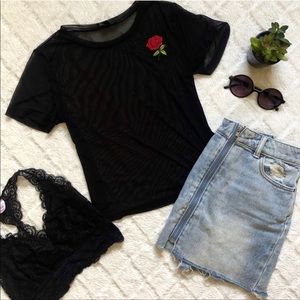 TIMING Fashion - Sheer Black Embroidered Rose Top